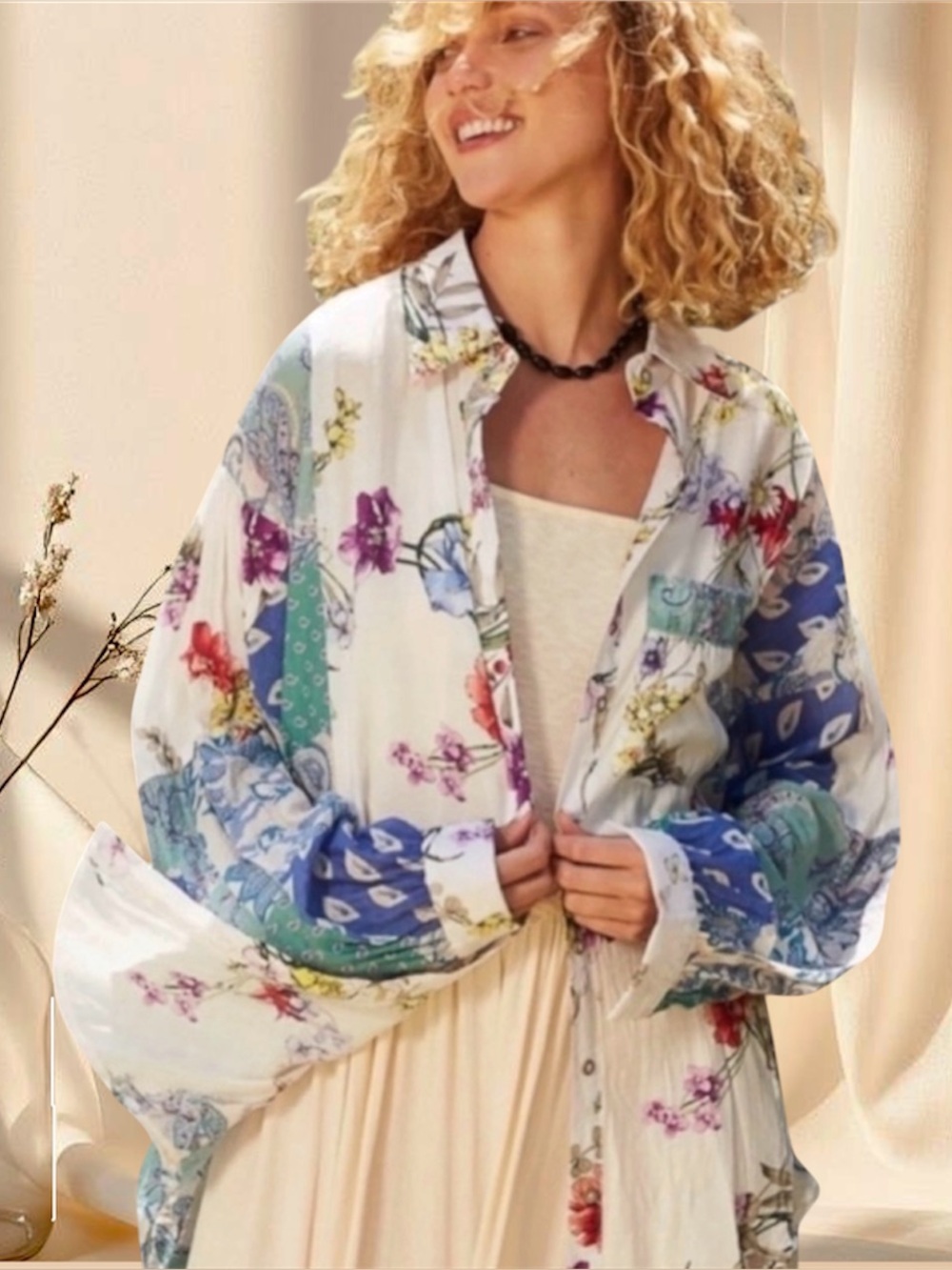 POL Floral Patchwork Button Down Shirt White Lightweight Oversized Boho Top - Picture 7 of 8